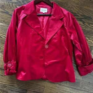 Vintage | MAESTRO Ruby-Red Cropped Lined Tuxedo Dress Jacket Gathered Sleeves